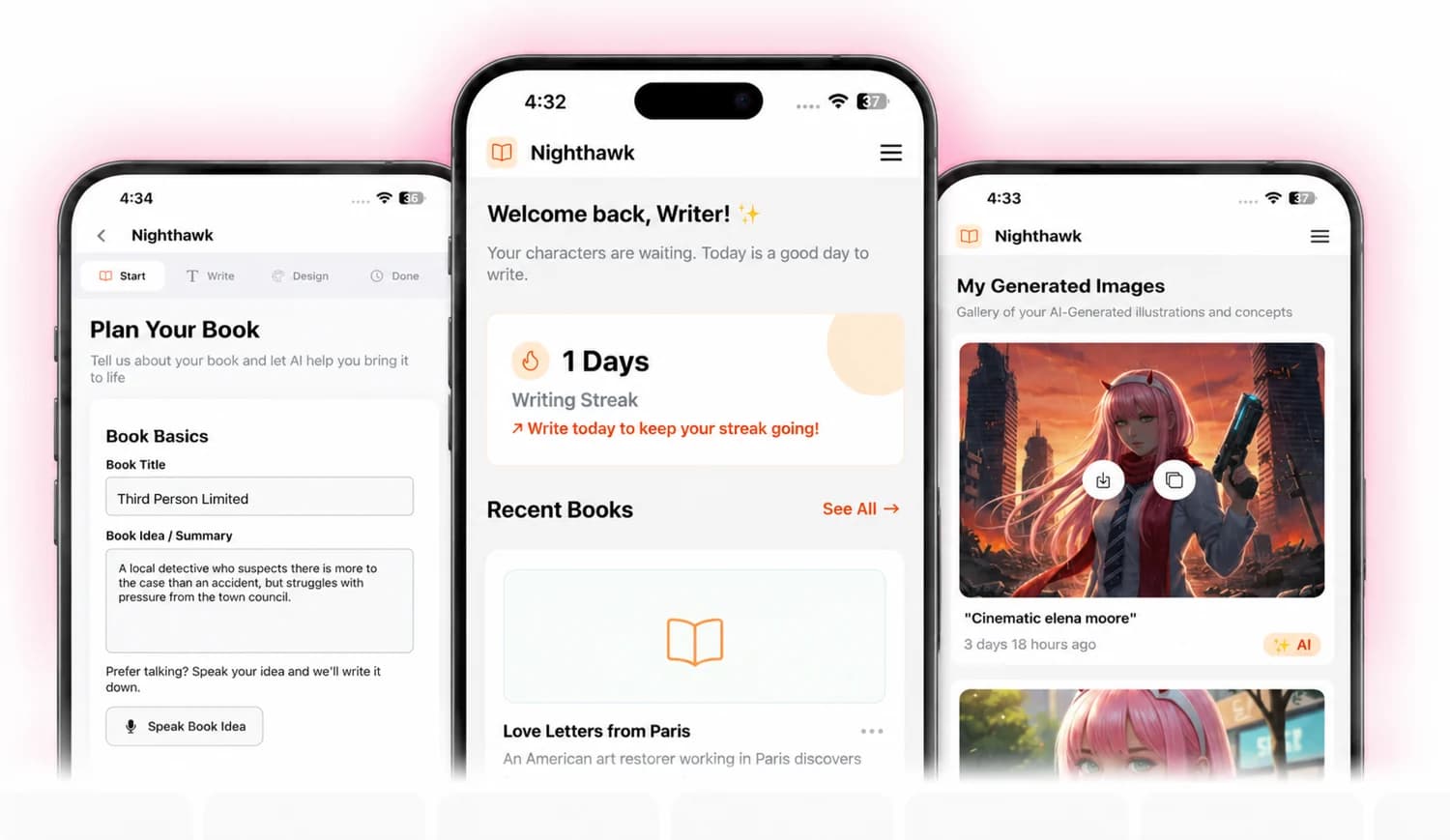 Nighthawk AI Writing App app screens